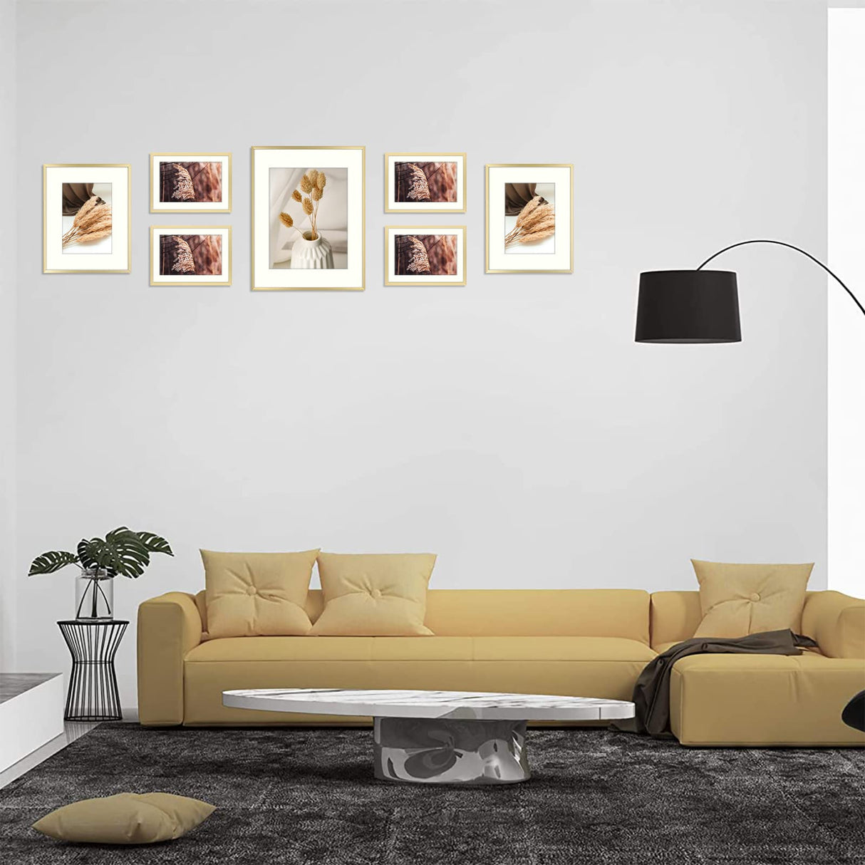 Golden State Art, 7 Pack, One 11x14, Two 8x10, and Four 5x7 Pictures. Aluminum Photos Frame for Wall or Tabletop Display (Gold) Golden State Art