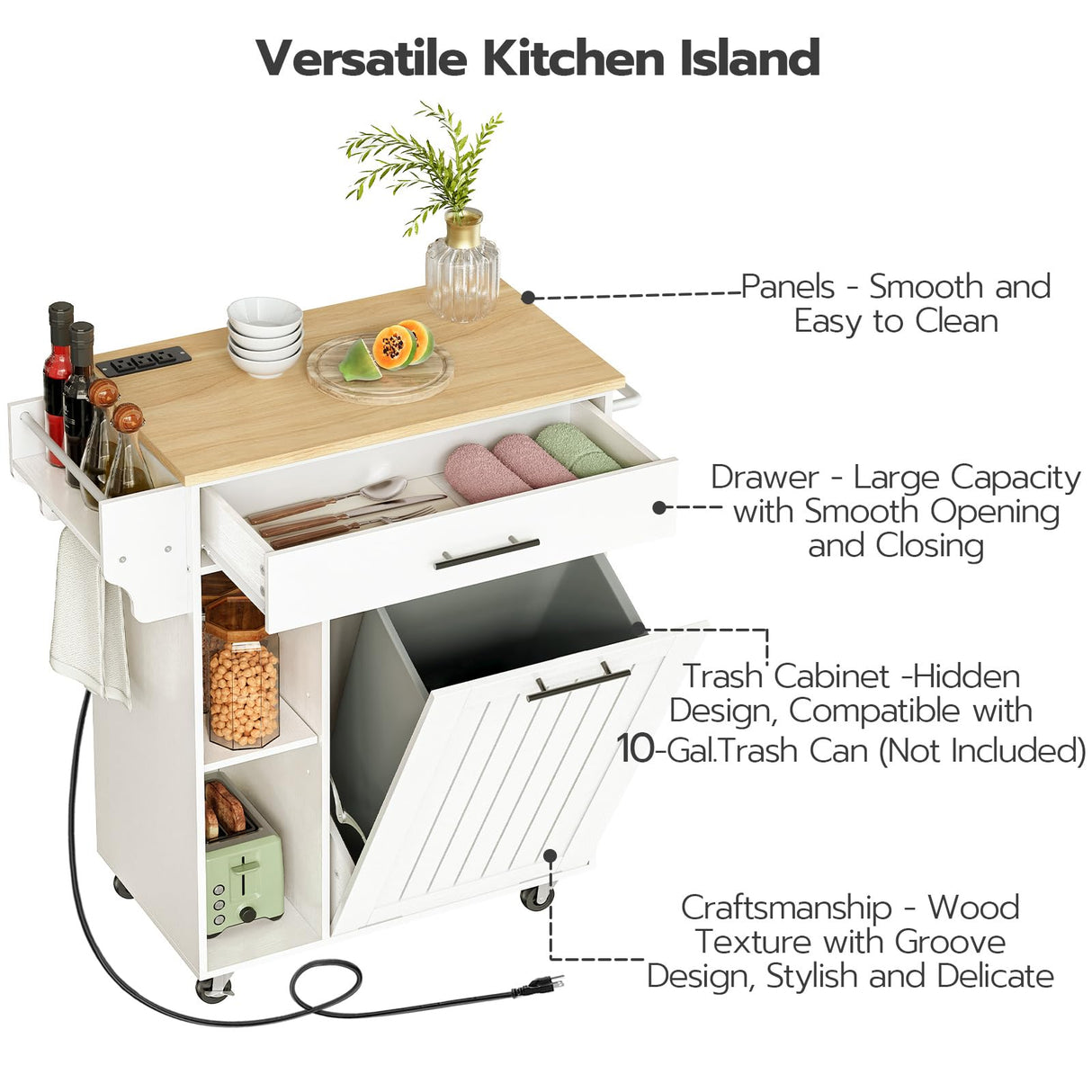 HOOBRO Kitchen Island with Trash Can Storage, Rolling Kitchen Island on Wheels, Kitchen Storage Island with Power Outlet, Mobile Islands Table for 10 Gallon Garbage Bin, White and Natural WN80UZD01 HOOBRO