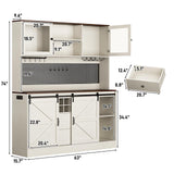 74" Tall 63" Wide Large Coffee Bar Cabinet w/ Outlet,6000-color LED Light,Pegboard,Farmhouse Hutch Cabinet w/Barn Door,2 Big Drawers,Adjustable Shelves,10 Wine & Glasses Rack,5 Hook for Kitchen,White chartustriable