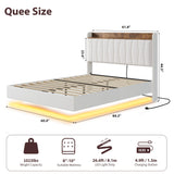IDEALHOUSE Queen Floating Bed Frame with LED Lights & Charging Station, Upholstered Platform Bed with Storage Headboard, Wood Slats Support, No Box Spring Needed, Easy to Assemble, White IDEALHOUSE