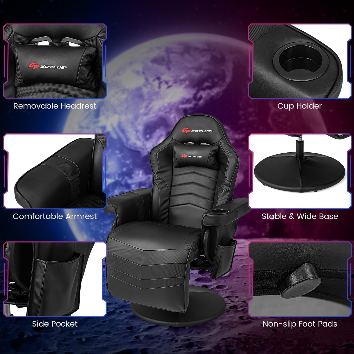 POWERSTONE Gaming Recliner, Adjustable Massage Gaming Chair with Cup Holder Footrest Ergonomic Single Sofa Living Room Home Theater Seating with Side Pouch (Black)