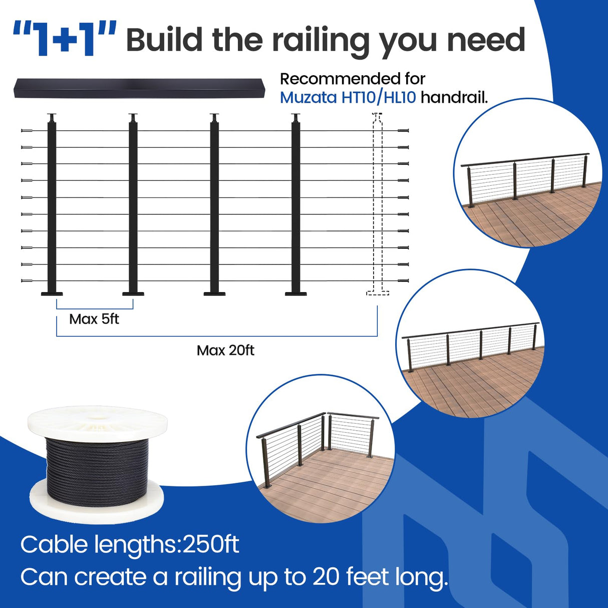 Muzata 15-20ft Complete Set 36" Cable Railing Post Kit Include 4Pack Black Posts PS01, 250ft Wire Rope, Swageless Cable Railing System DIY Kit (No Handrail) RWS1 BH4S Muzata