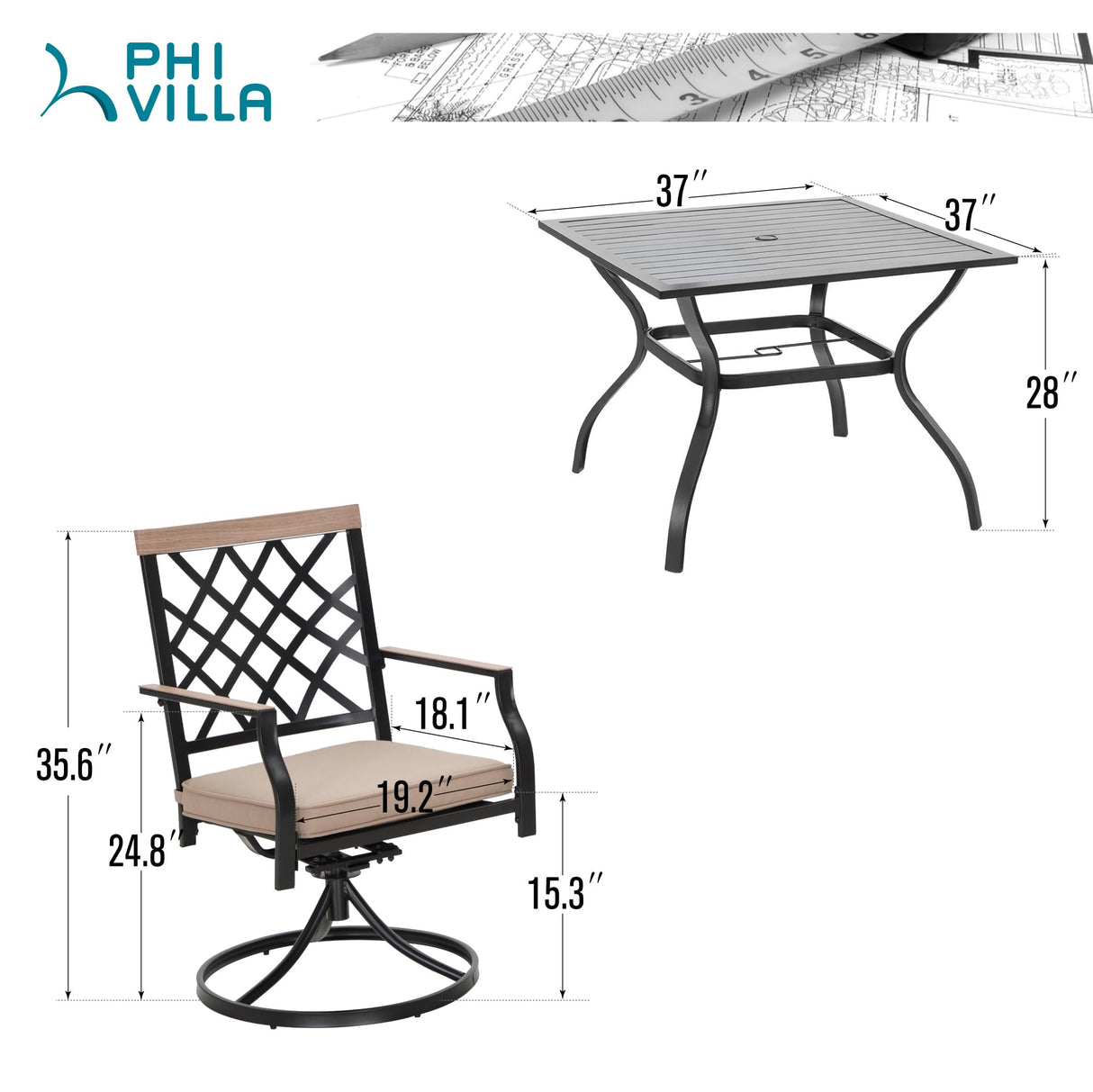 PHI VILLA 5-Piece Outdoor Dining Set, 4 Steel Metal Swivel Patio Chairs & 1 Square Dining Table, Wood-Like Pattern Armrest PHI VILLA