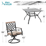 PHI VILLA 5-Piece Outdoor Dining Set, 4 Steel Metal Swivel Patio Chairs & 1 Square Dining Table, Wood-Like Pattern Armrest PHI VILLA