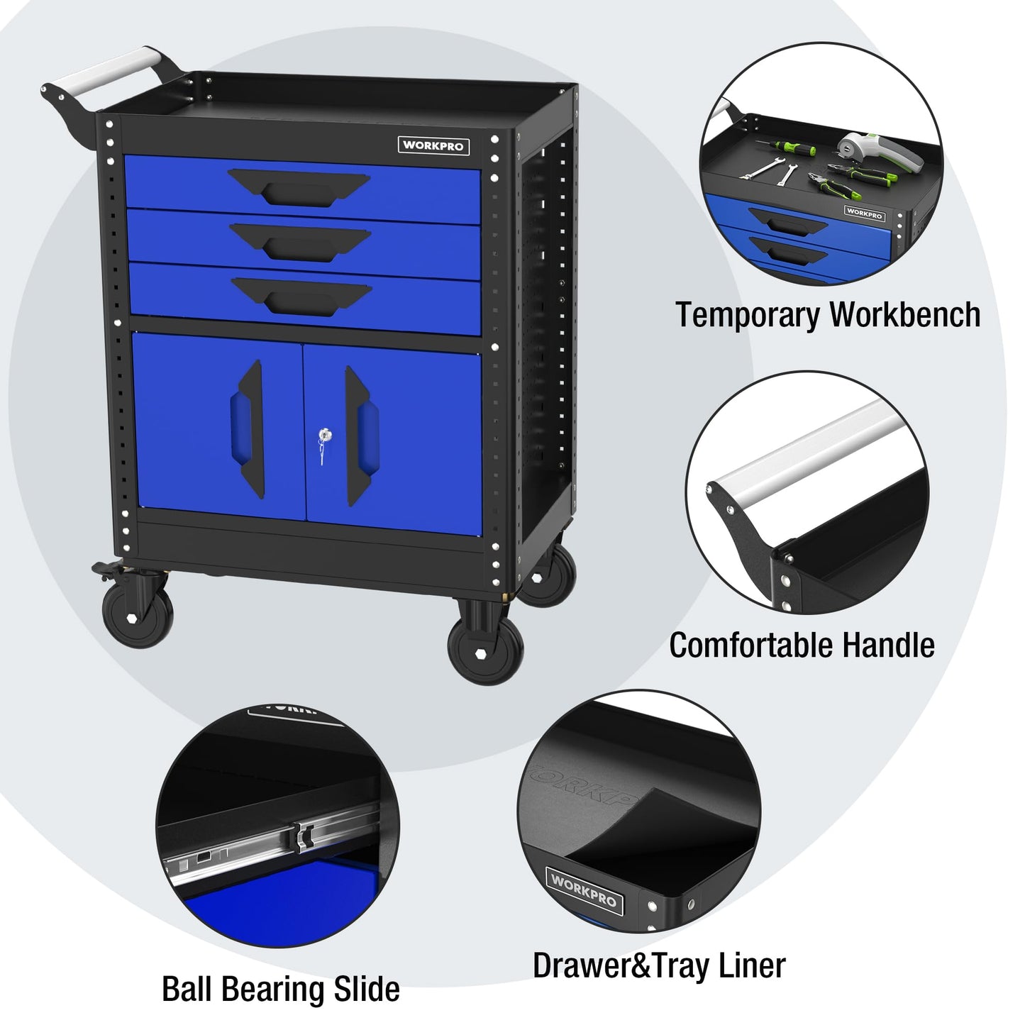 WORKPRO 27.5 Inch 3-Drawer Rolling Tool Chest with Wheels, Portable Steel Tool Cabinets with Drawers, Liners and Locking System for Warehouse, Garage, Black and Blue