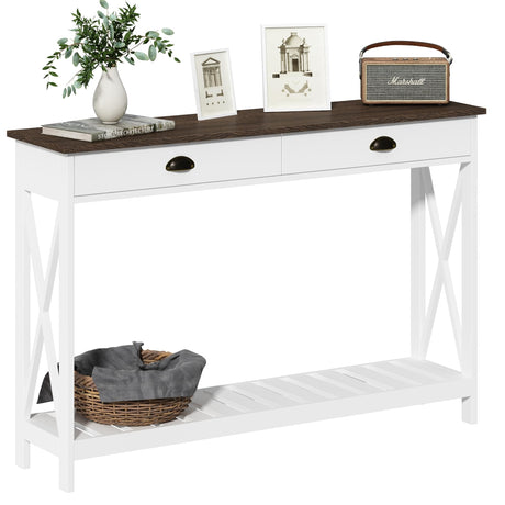 ChooChoo 47" Farmhouse Console Table with Drawer for Entryway, Narrow Long Entry Table with Shelf for Living Room, Rustic Vintage Hallway Sofa Table with Stable X Supports, White ChooChoo