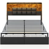 TIGUBFRE LED Bed Frame King Size with Bookshelf PU Leather Headboard, 2 Hidden Storage Drawers, Upholstered Platform Bed with Charging Station, Metal Slats Support, Noise Free, No Box Spring Needed TIGUBFRE