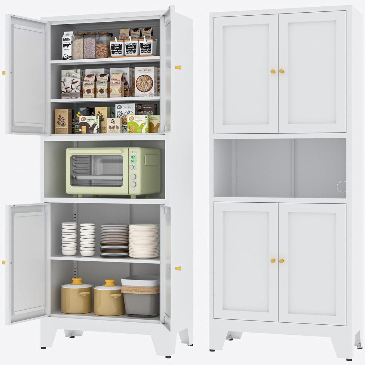 YAUWOH Metal Kitchen Pantry Storage Cabinet, Metal Freestanding Bathroom Floor Cabinetwith 4 Doors & 3 Adjustable Shelves, Metal Storage Cabinet for Bathroom, Living Room, Kitchen, Pantry, White YAUWOH