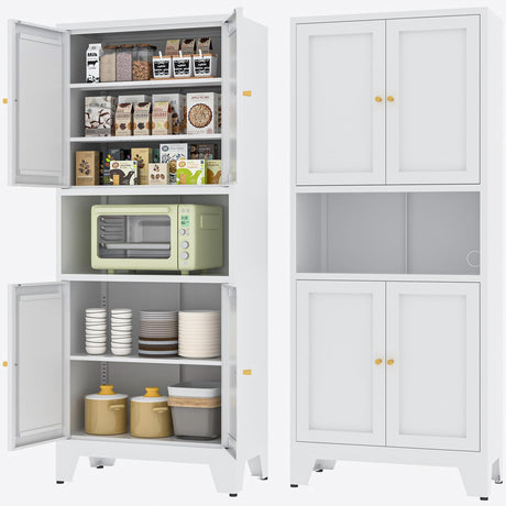 YAUWOH Metal Kitchen Pantry Storage Cabinet, Metal Freestanding Bathroom Floor Cabinetwith 4 Doors & 3 Adjustable Shelves, Metal Storage Cabinet for Bathroom, Living Room, Kitchen, Pantry, White YAUWOH
