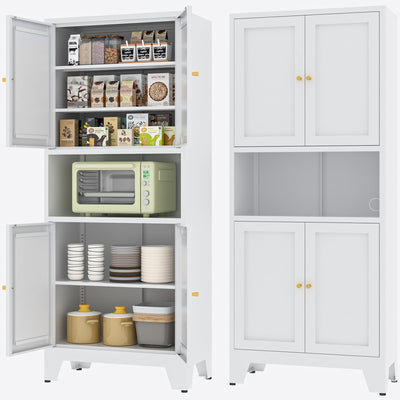 YAUWOH Metal Kitchen Pantry Storage Cabinet, Metal Freestanding Bathroom Floor Cabinetwith 4 Doors & 3 Adjustable Shelves, Metal Storage Cabinet for Bathroom, Living Room, Kitchen, Pantry, White