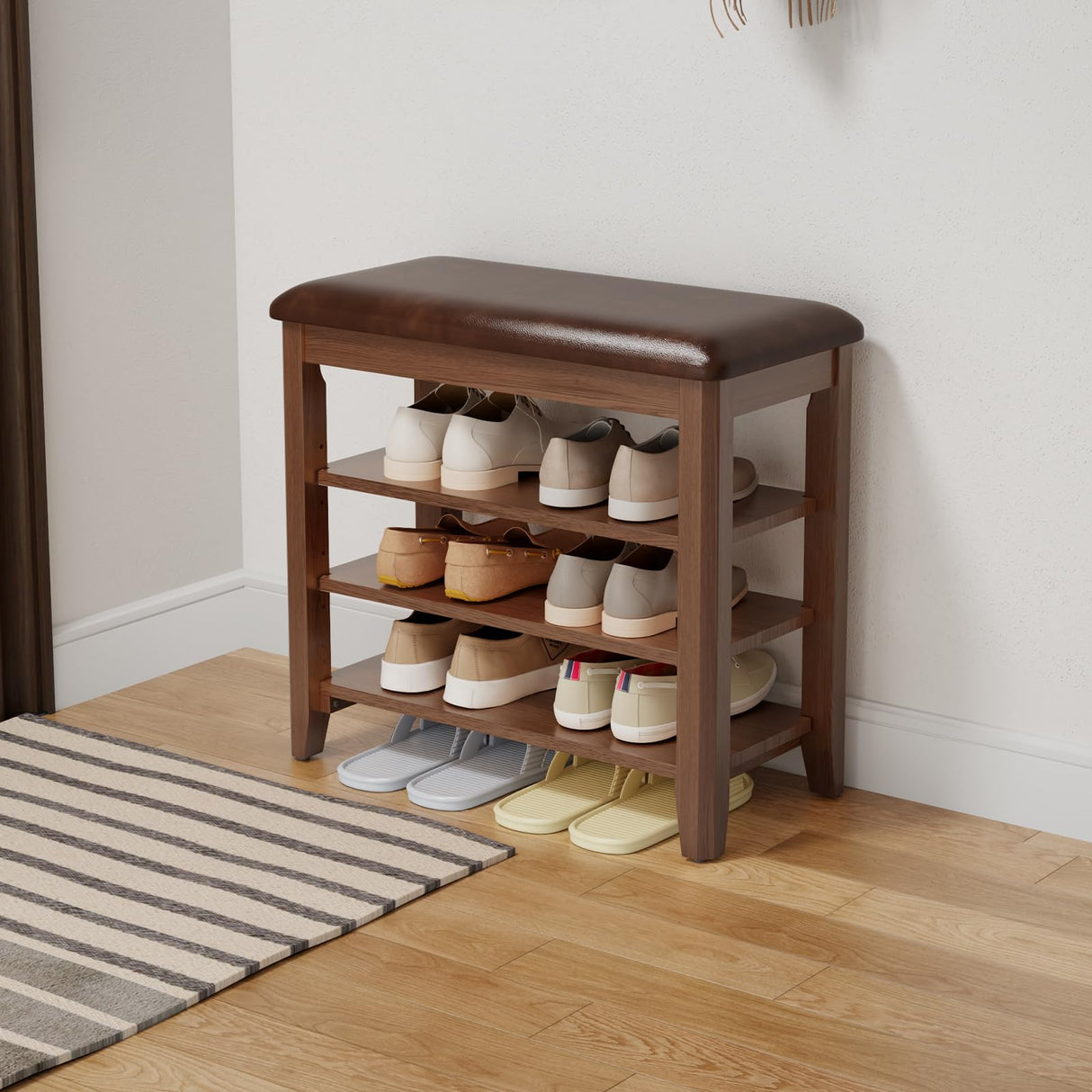 AQIMUELE Shoe Bench with Leather Cushion, 3 Tiers Shoe Storage Bench Height Adjustable, Walnut Wood Entryway Bench for Hallway, Mudroom AQIMUELE