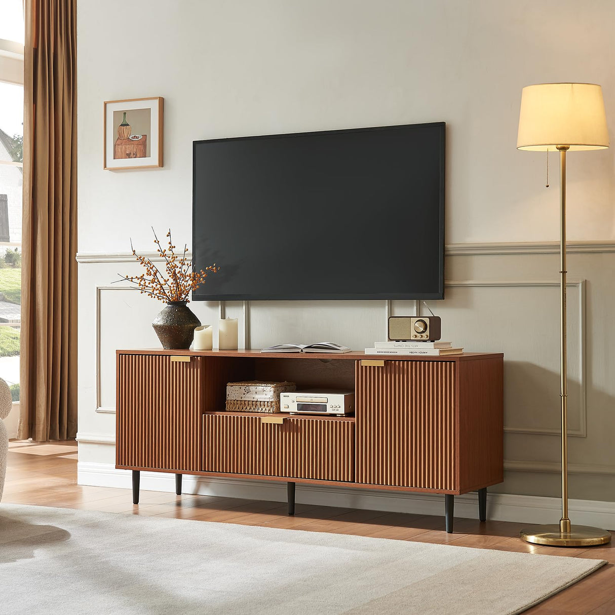 Okvnbjk Modern TV Stand for 65 Inch TV, Fluted TV Consoles for Living Room, Media Console with Soft Hinge & Drawer, Wood Entertainment Center with Storage, Mocha Okvnbjk