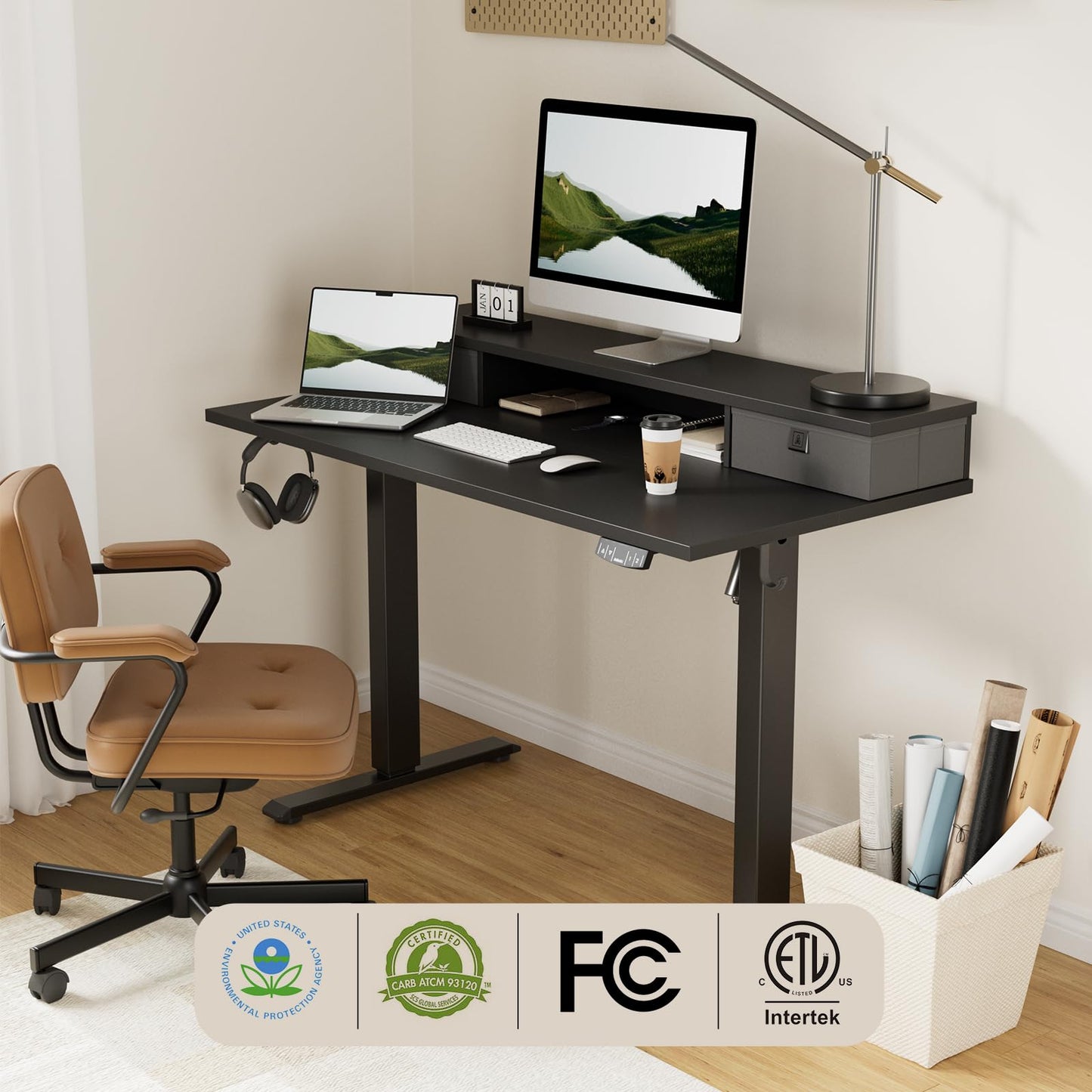 Agilestic 55 x 24 Inches Electric Standing Desk with 2 Storage Drawers, Stand Up Desk Adjustable Height, Sit and Stand Computer Table with Splice Board, Black