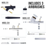 Master Airbrush Cool Runner Dual Fan Air Compressor Professional Airbrushing System Kit with 3 Airbrushes, Gravity & Siphon Feed - 6 Primary Opaque Colors Acrylic Paint Artist Set, Hose & Holder Master Airbrush