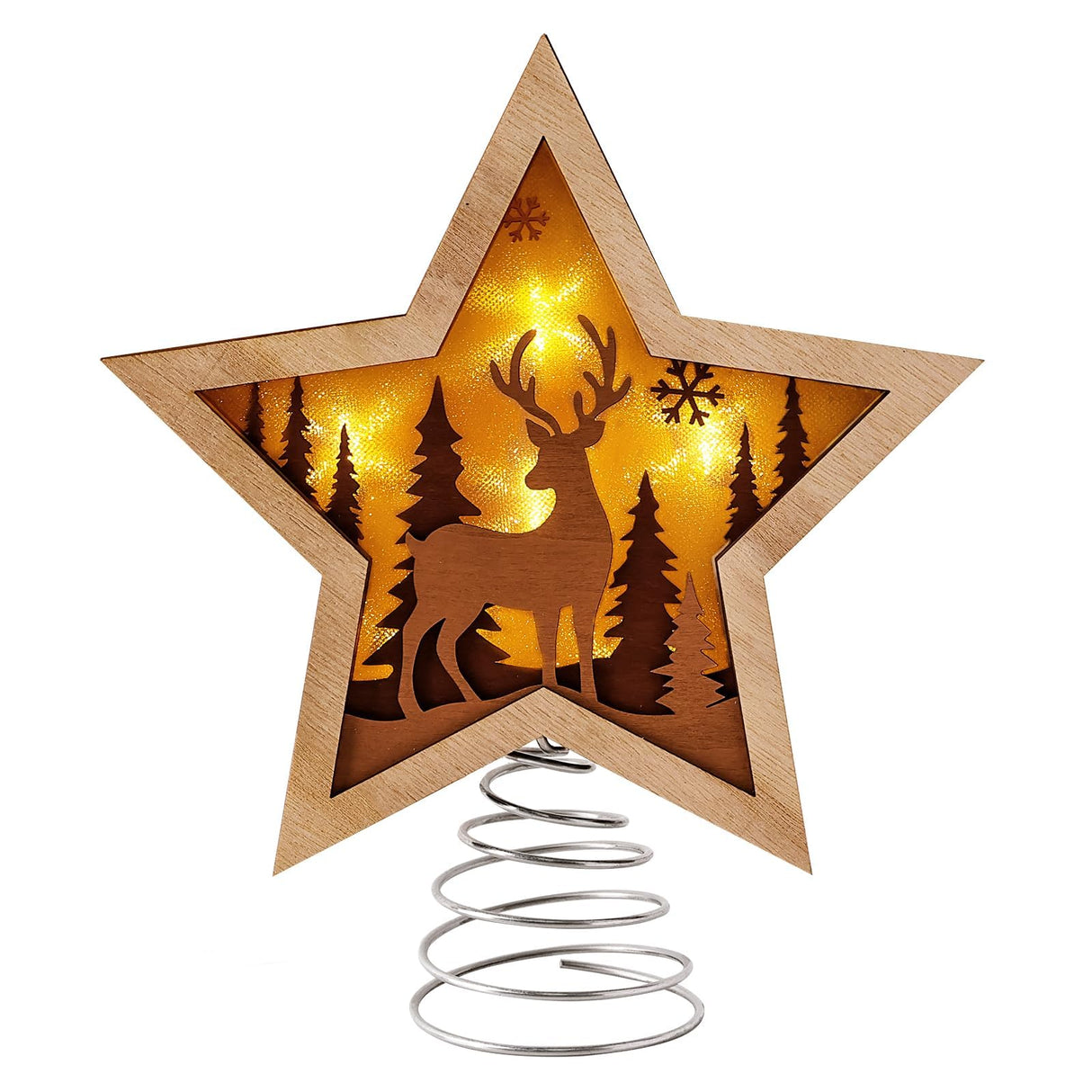 Treory Christmas Star Tree Topper, Rustic Reindeer Wooden Tree Toppers with Warm Lights, Battery Operated LED Christmas Tree Decorations, Christmas Tree Topper Star Lighted for Indoor Home Display Treory