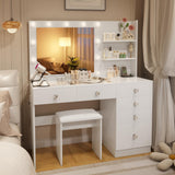 VOWNER Vanity with Lights - 47" Makeup Vanity Desk with Glass Top, 6 Drawers, 3 Storage Shelves and Outlet, 3 Color Lighting Modes with Adjustable Brightness, Makeup Desk with Stool for Bedroom, White VOWNER