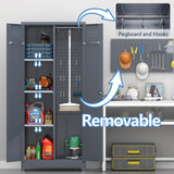 NICEGDLT Broom Closet, Broom Closet Storage Cabinets with Lock, 65" Metal Garage Organization Cabinet, Cleaning Supply Utility Storage Cabinet with Pegboard & Shelves for Laundry Room,Workshop NICEGDLT