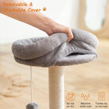 Goozii Small Cat Tree Tower with Scratching Post, Modern Kitten Tower for Indoor Cats, Short Carpet Sisal Cat Scratcher Stand with Large Bed Perch, Scratch Ramp, Toy Ball for Kitty Play (Grey) Goozii