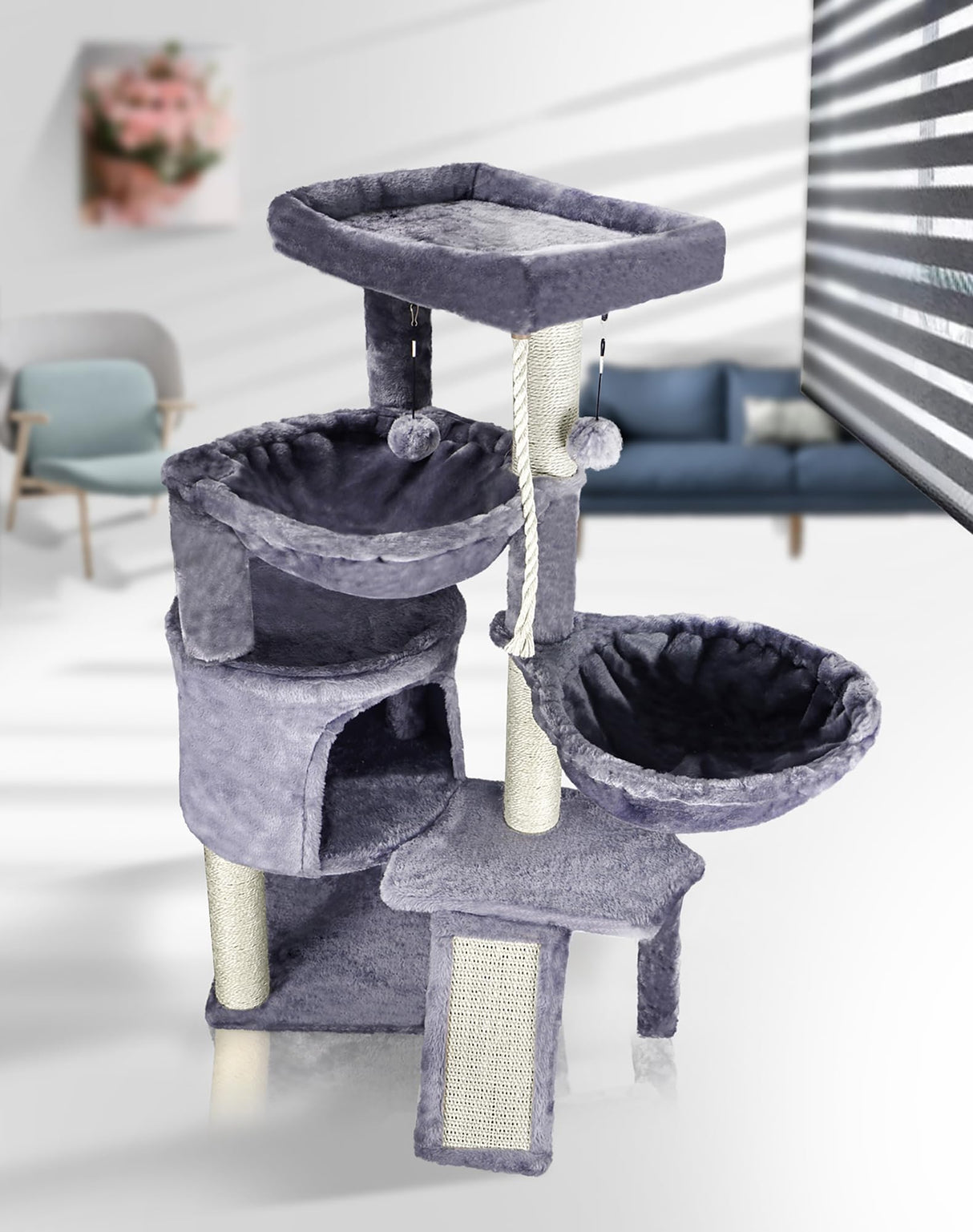 Xin Three Layer Cat Tree with Cat Condo and Two Hammocks,Grey Smouatou