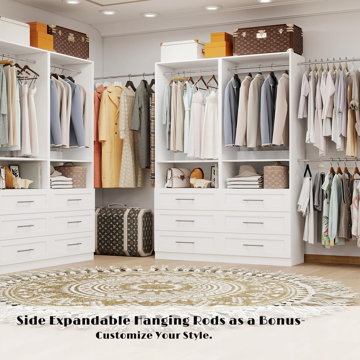 Dilando Closet System with Drawers, 8FT Wood Closet Organizer System Walk-in Closet Standalone Corner Closets Storage with Hanging Rods, White (8FT) Dilando