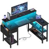 Lufeiya L Shaped Gaming Desk with Fabric Drawers and Storage Shelves, 47 inch Home Office Desk with Monitor Stand, Computer Desk with LED Lights and Power Outlets, Black Lufeiya