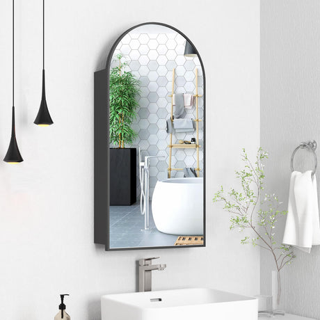 Medicine Cabinet with Mirror 16 x 30 Inch,Black Bathroom Mirror with Storage,Vanity Mirror with Storage,Metal Framed Arched Bathroom Cabinet Surface Mount with 3 Adjust Shelves Generic