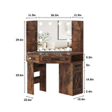 Maupvit Makeup Vanity Desk, Corner Vanity Desk with Mirror and Lights, Farmhouse Vanity Table with 10 Bulbs&4 Charging Stations, Makeup Desk with 3 Drawers&Cabinet, 3 Lighting Modes Adjustable, Brown Maupvit