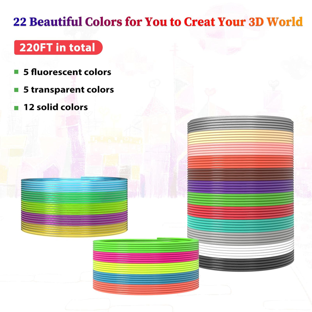 3Dgenius 22 Colors 3D Pen Filament 1.75mm PLA, Each Color 10 Feet, Total 220 Feet 3D Pen Filament Refills 3D Printing Pen Refills with High-Precision Diameter Not Compatible with 3Doodler Pen 3Dgenius