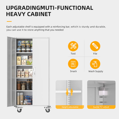 Greenvelly Metal Storage Cabinet with Wheels,75” White Lockable Storage Cabinet with Doors and Shelves,Garage Storage Cabinet with Pegboards for Home,Office,Gym,Basement, Kitchen Pantry,Wareh - WoodArtSupply