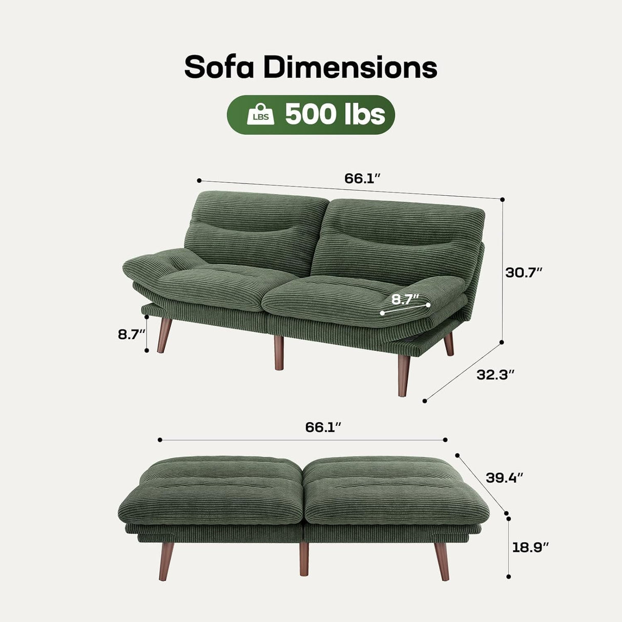 Marsail Futon Sofa Bed, Futon Couch with Adjustable Backrest & Armrests, Convertible Small Sleeper Sofa Bed for Small Apartments, Study Room, Office, Corduroy Loveseat, Green Marsail