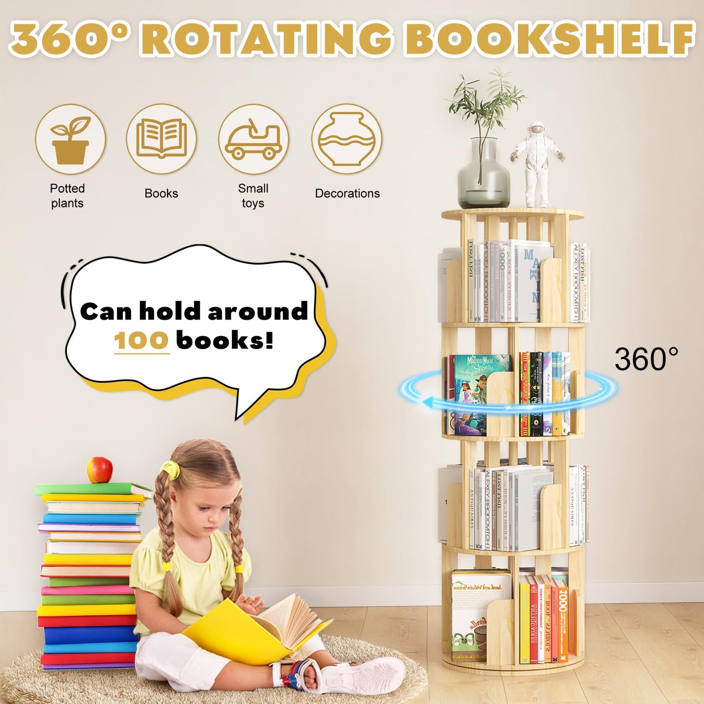 YGYQZ Rotating Bookshelf, 4 Tier Floor Standing Bookcase Wood for Kids & Adult360 Display Narrow Book Shelf Organizer Storage Rack for Bedroom, Living Room, Study Room