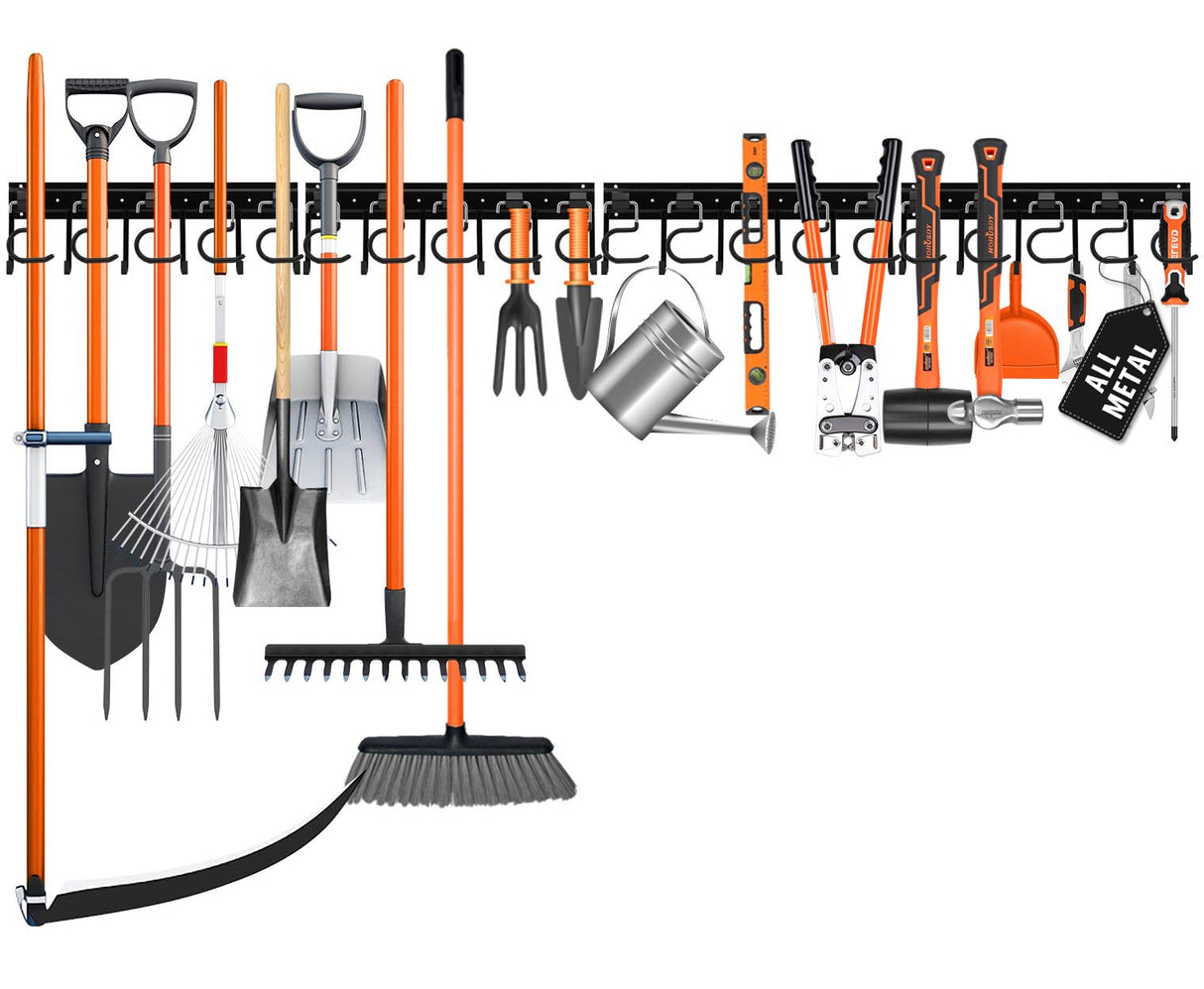 ELEAD 68'' All Metal Adjustable Garden Tool Organizer: Garage Tool Organizer Wall Mount with Black Garage Hooks, Garage Organizers and Storage, Tool Organizer for Broom Rake Holder Shovel ELEAD