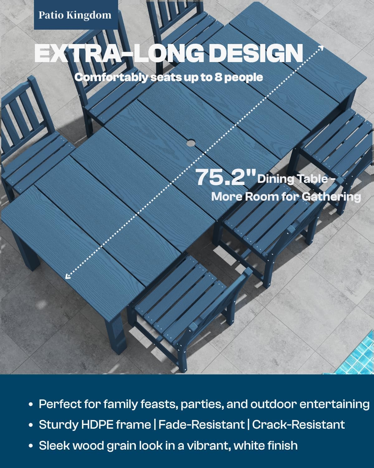 Patio Kingdom 9-Piece Outdoor Dining Set for 8, 75.2" HDPE Table with Umbrella Hole & 8 Chairs, All-Weather Patio Furniture for Lawn, Yard, Deck, or Poolside, Fade & Crack Resistant (Navy Blue) Patio Kingdom