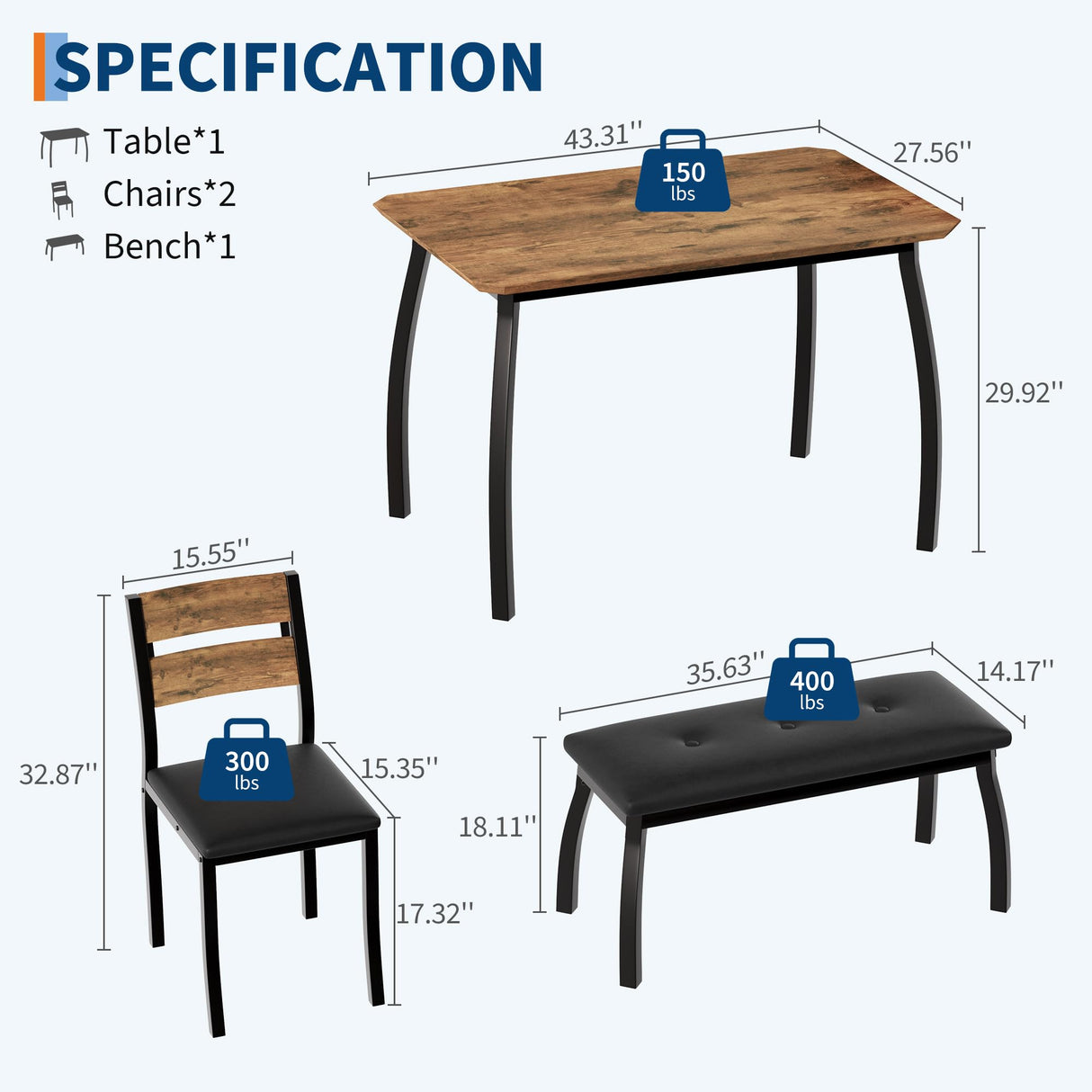 SLEKVERSA 4 Piece Farmhouse Dining Table Set for 4, Space Saving Rustic Kitchen Table with 2 Padded Chairs & Bench, Small Breakfast Nook Furniture Set for Dining Rooms, Apartments, Vintage SLEKVERSA