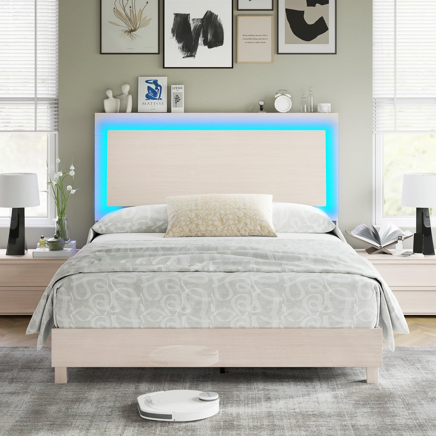 AMERLIFE High Gloss Queen Platform Bed Frame with Smart RGBW LED Lights and Ergonomic Floating Headboard - WoodArtSupply