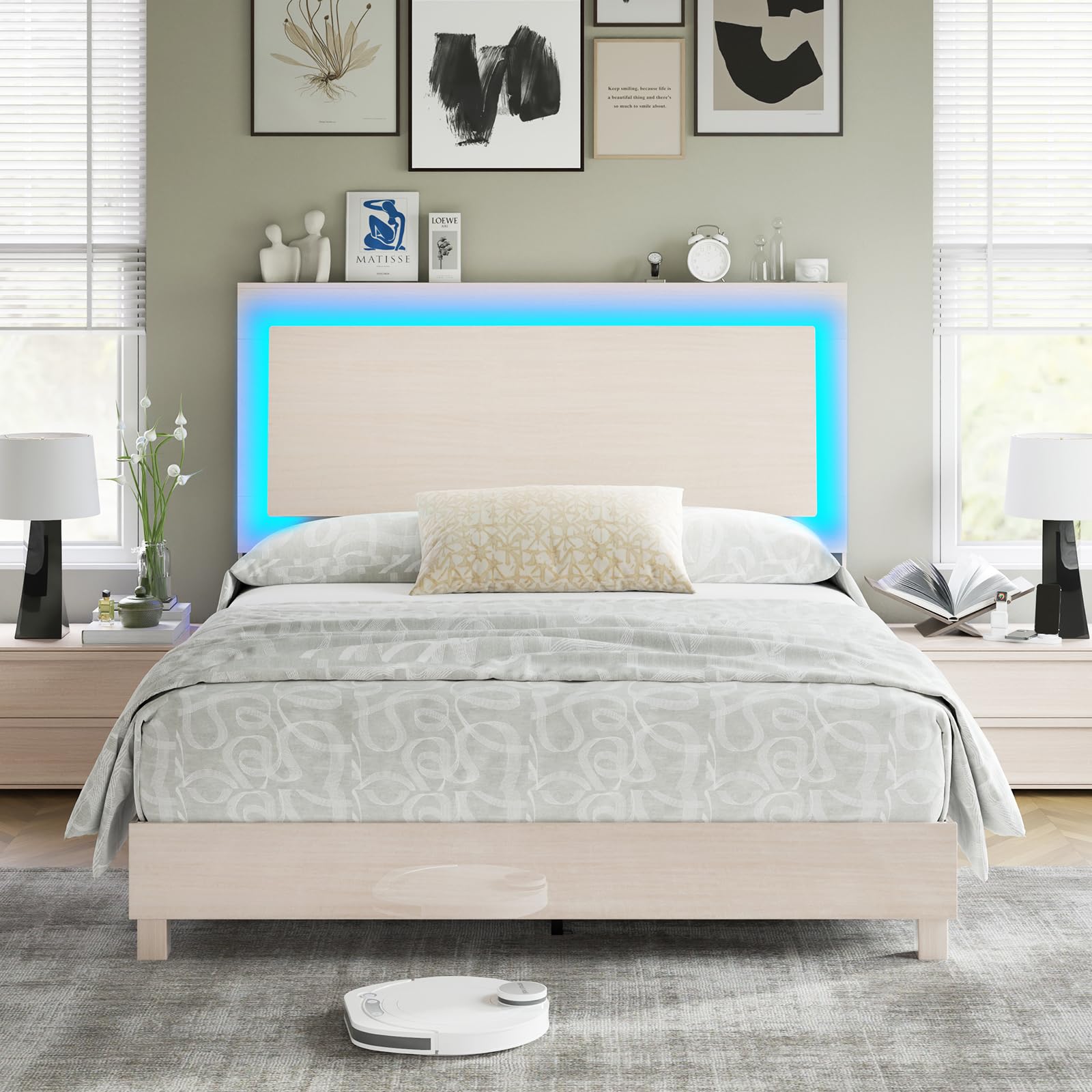 AMERLIFE Modern High Gloss Platform Bed with Smart RGBW LED Lights and Ergonomic Headboard, White Woodgrain Finish - WoodArtSupply