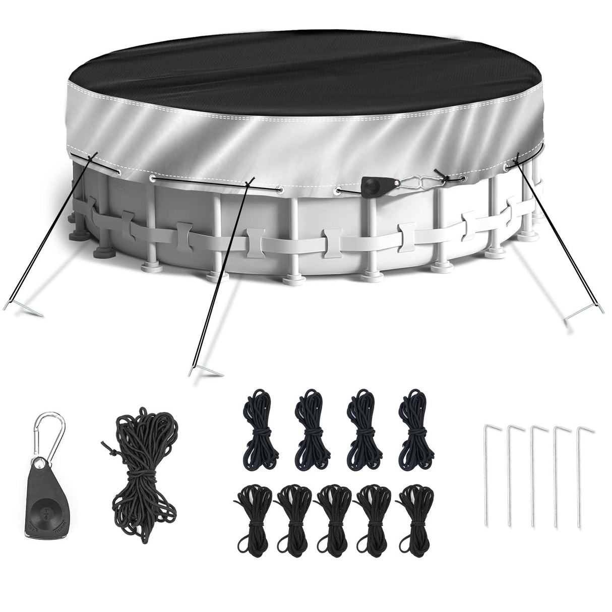 NEVERLAND Winter Pool Cover 18FT Round - Heavy-Duty 420D Oxford Above Ground Swimming Pool Cover, Debris-Proof, Cold-Resistant & UV-Resistant with Upgraded Adjustable Tensioner, Black/Sliver NEVERLAND