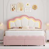 HOSTACK Full Upholstered LED Bed Frame with Storage Drawers, Cute Girls Bed with Adjustable Lotus Headboard, Velvet Princess Platform Bed Frame, Wooden Slats Support, No Box Spring Needed, Pink/Beige HOSTACK