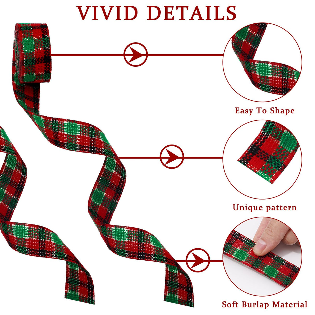 Whaline 10 Rolls 50 Yards Christmas Burlap Ribbon Rolls 1 Inch Wired Plaid Wrapping Ribbons Xmas Decorative Ribbon for Wreath Bow Gift Decor Whaline