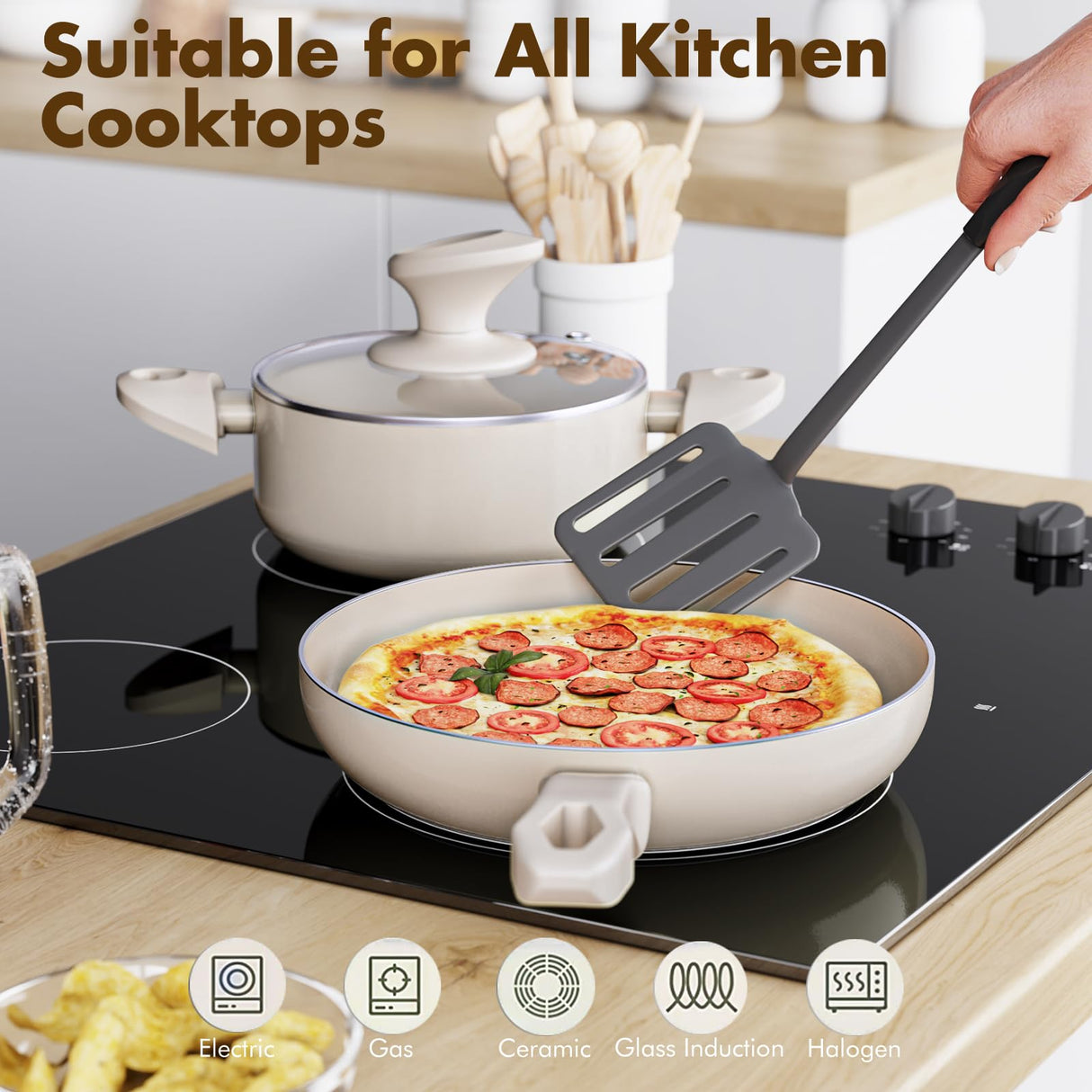 Pots and Pans Set Nonstick Ceramic Coating, 6 Pieces Kitchen Cookware Sets PFOA/PFOS Free Heat Resistant Kitchen Cooking Set Induction Pots and Pans with Casserole/Saucepan/Frying Pan&Lids Qupoilke