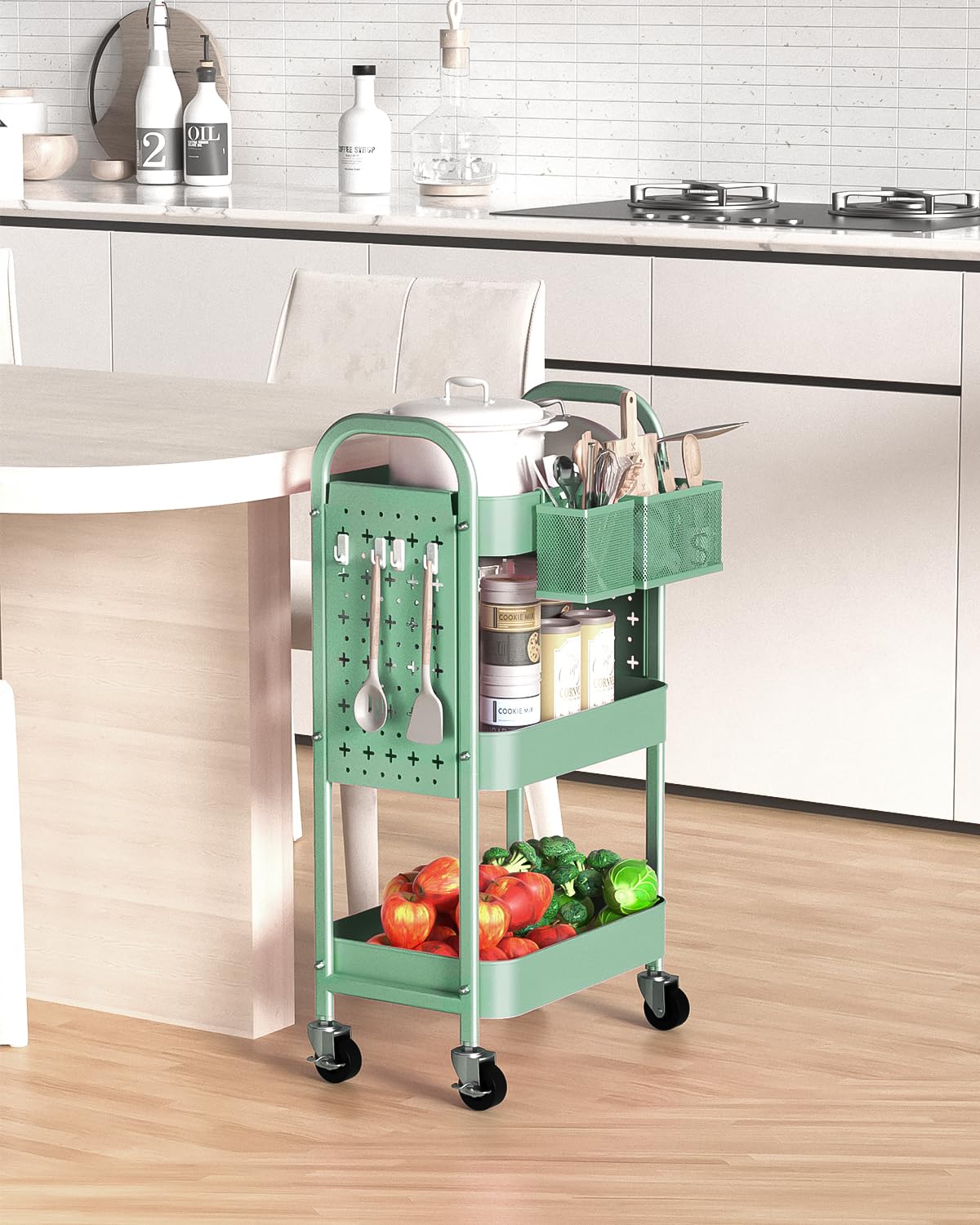 ALVOROG 3 Tier Rolling Cart with DIY Pegboards Metal Utility Cart with Wheels Handles Baskets Hooks, Storage Cart for Office Kitchen Bathroom(Green) ALVOROG