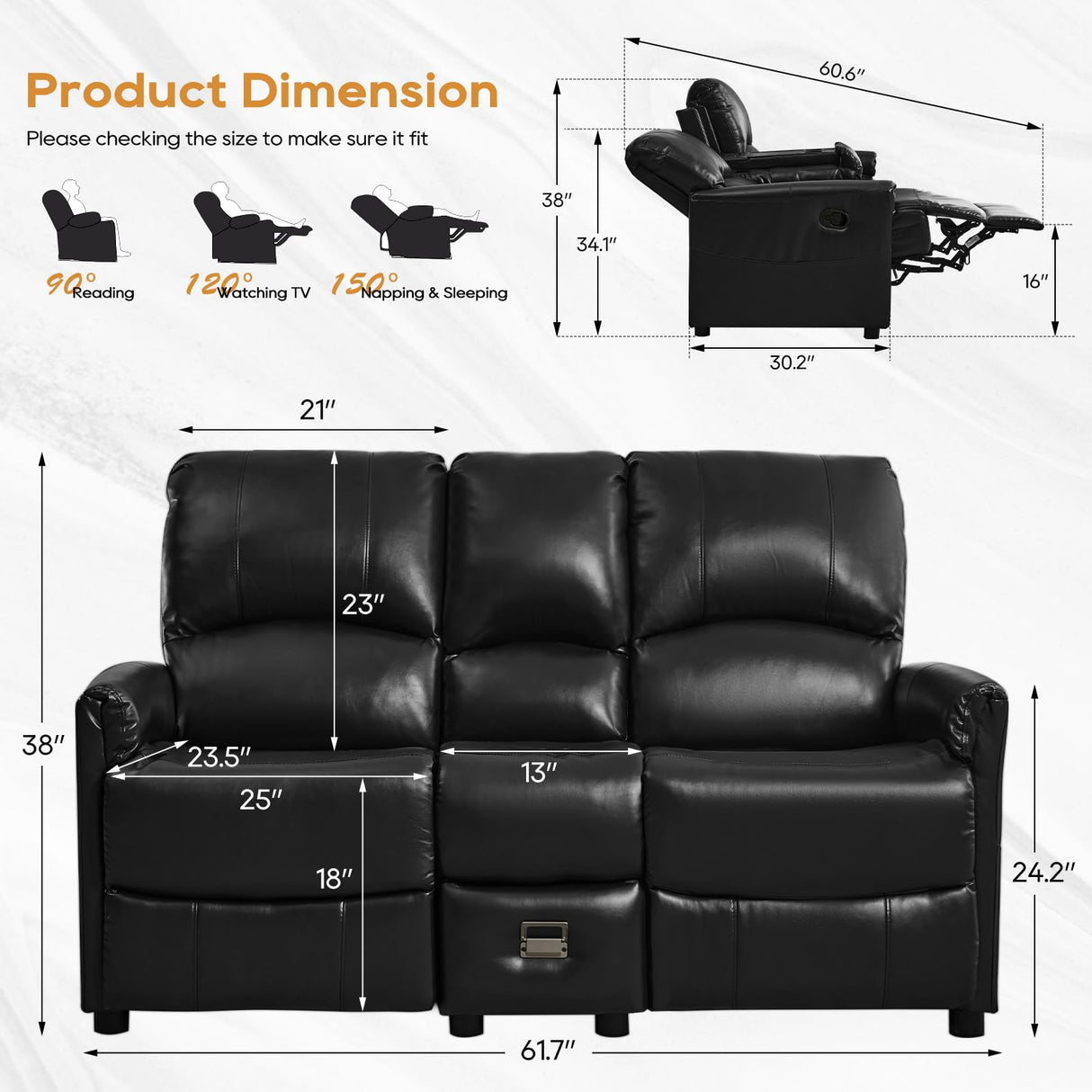 IPKIG Black 3 Seater Modern Loveseat Recliner Sofa - Manual Reclining Loveseat with Flipped Backrest Console, Side Pocket, Faux Leather Double Recliner Love Seat for Living Room & RV (Black, 3 Seater) IPKIG