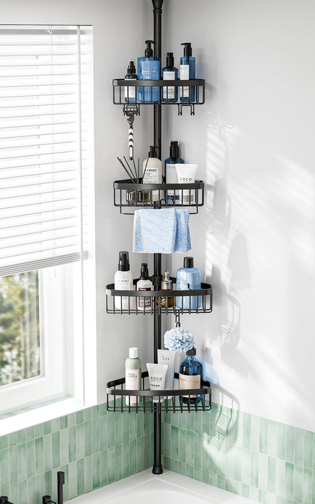 Corner Shower Caddy Tension Pole: Adjustable Rustproof 4-Tier Inside Bathroom Organizer - 47-121 inch Quick Installation Bathtub Shelves for Shampoo Storage - Rod Floor Standing Bath Rack - Black ESSEME