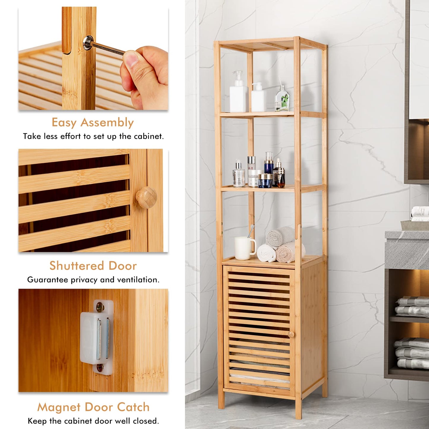 LOKO Tall Bamboo Cabinet, Slim Narrow Floor Storage Cabinet with 3 Tier Shelves & Shutter Door, Freestanding Linen Tower Cabinet for Bathroom, Living