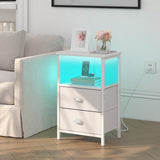 sthmec Nightstand with Charging Station, LED Night Stand Set 2, Bedside Table End Tables Set of 2, Bedroom Tables with 2 Fabric Drawers PU Finish, 3-Tier Storage Side Table for Bedroom,White sthmec