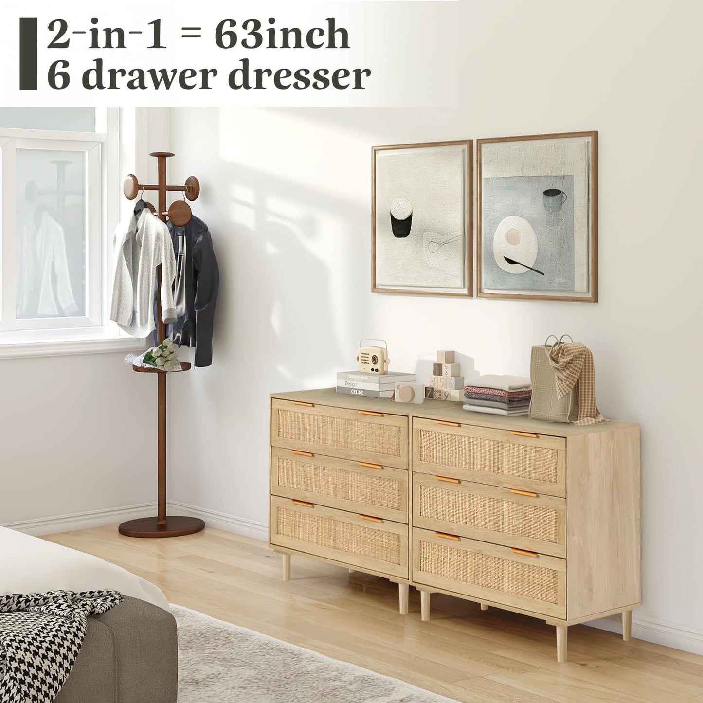 HOPUBUY 3 Drawer Dresser for Bedroom, Oak Rattan Dresser Closet Dressers Chest of Drawers, Light Wood Dresser 3 Drawer Storage Chest for Bedroom, Hallway, Living Room - WoodArtSupply