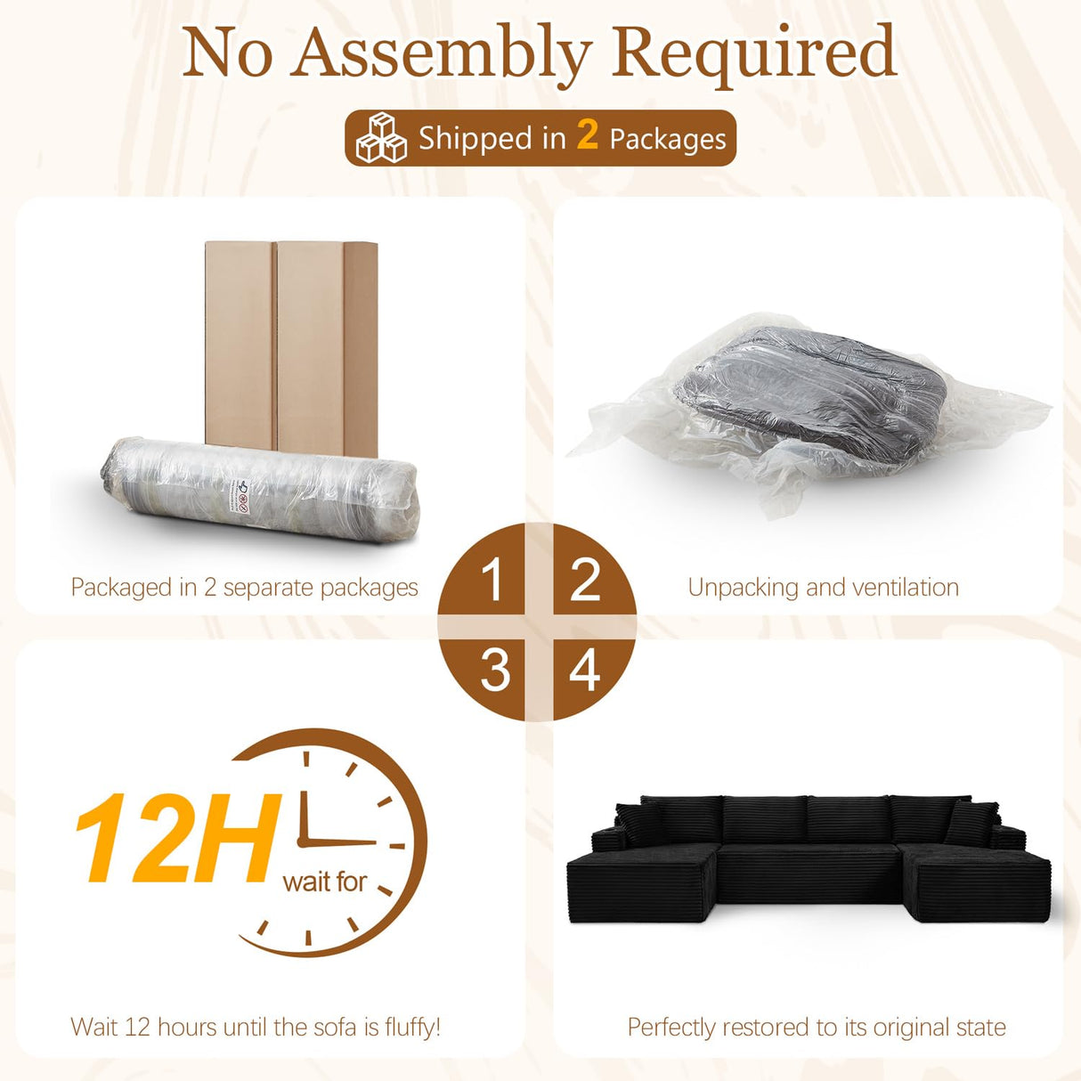 134 Inch Modular Sectional Sleeper Sofa, Boneless Cloud Couch for Living Room, U Shaped 5 Seat Sofa with 2 Storage Pockets& 2 Cup Holders, Free Combination, No Assembly Required (Black) HANXIN