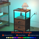 Sthmec Rustic Brown Industrial Nightstand Set of 2, Bedside Table with 2 Fabric Drawers, 3-Tier Storage, LED Light, Charging Station, 11.38''D * 15.38''W* 24.75''H sthmec