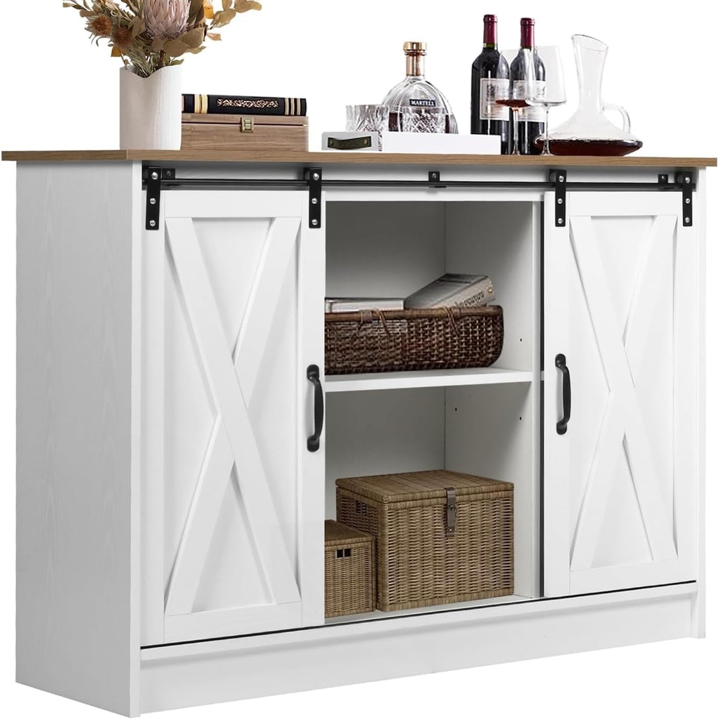 4ever2buy Farmhouse Coffee Bar Cabinet, 42’’ Kitchen Buffet Cabinet with Storage, White Buffet Cabinet with Sliding Barn Door, Coffee Bar Table with Adjustable Shelf for Living Dining Room