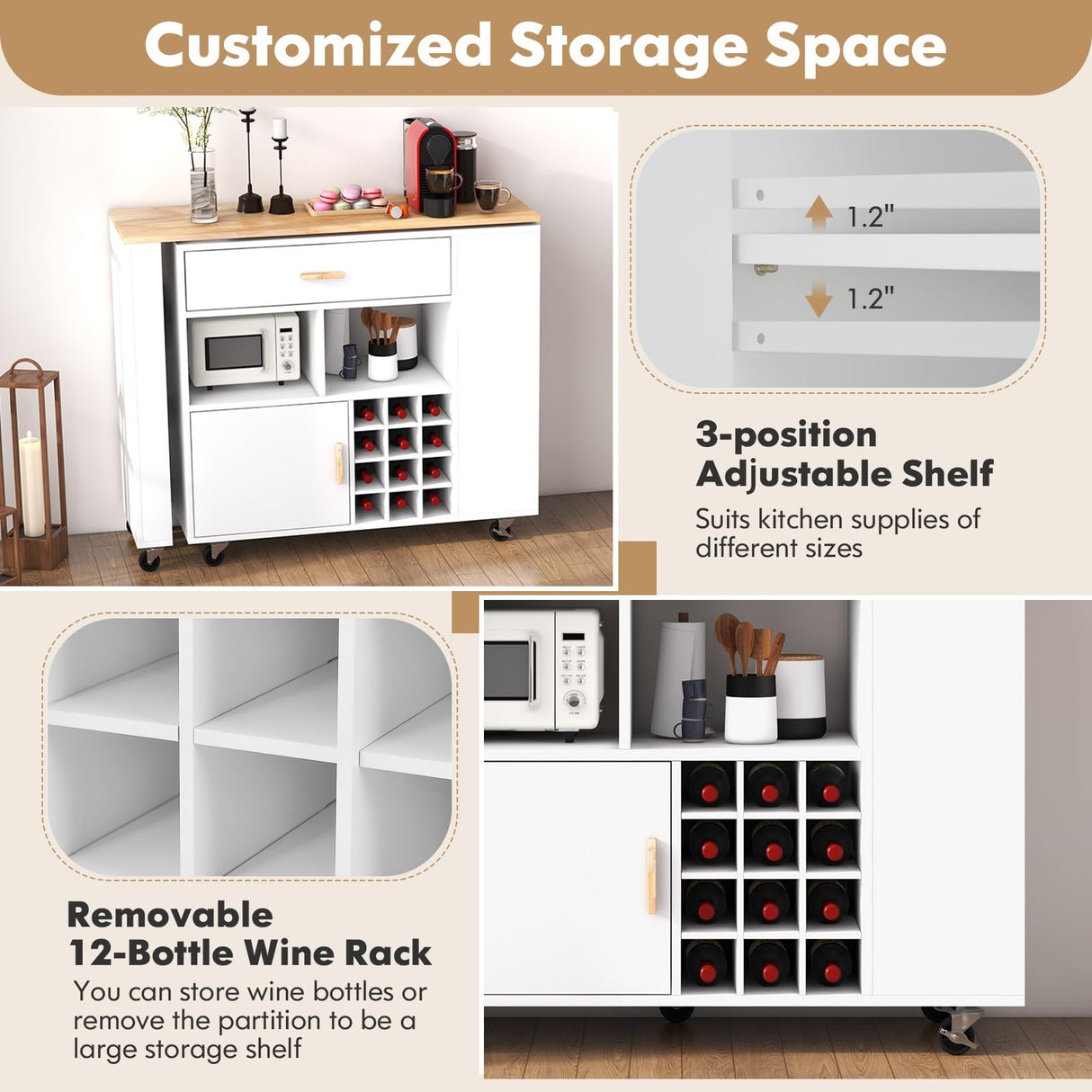 Giantex Mobile Kitchen Island Cart, 4-in-1 Reversible Serving Cart Bar Table Combo, Storage Cart on Wheels w/Rubber Wood Top, Adjustable Shelf, 12-Bottle Wine Rack, Spice Rack for Dining Room, White Giantex